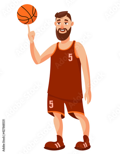 Basketball player spinning ball on his finger. Sportsman in cartoon style.