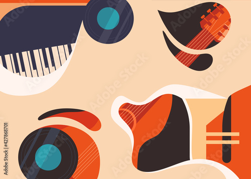 Banner template with guitar and piano. Jazz concept art.
