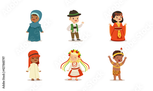 Cute Kids in National Costumes of Different Countries Set, Boys and Girls Wearing Clothes of Germany, Africa, Ukraine, China Countries Cartoon Vector Illustration