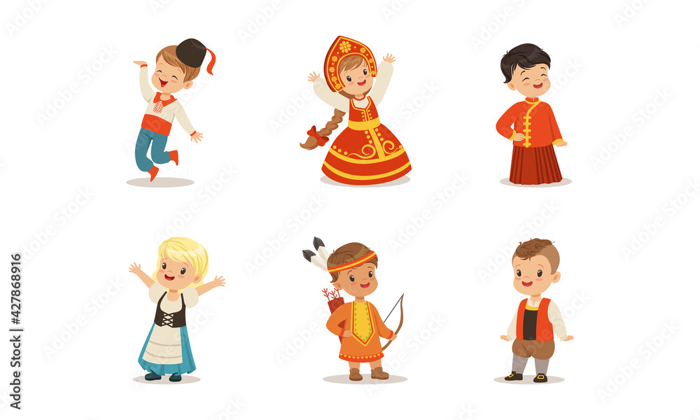 Cute Kids in National Costumes of Different Countries Set, Boys and Girls Wearing Russian, Danish, American Indian, French Ethnic Clothes Cartoon Vector Illustration