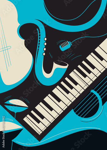 Poster template with saxophone and piano. Jazz concept art.