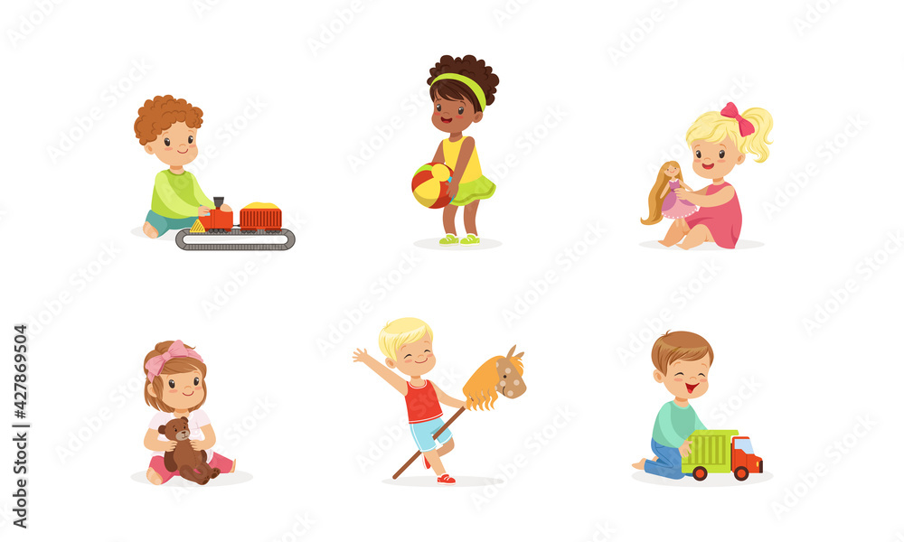 Happy Cute Kids Playing Toys Set, Little Boys and Girls Riding Stick Horse, Hugging Teddy Bear, Playing with Doll, Truck and Train Cartoon Vector Illustration Happy Cute Kids Playing Toys Set, Little Boys and Girls Riding Stick Horse, Hugging Teddy Bear, Playing with Doll, Truck and Train Cartoon Vector Illustration