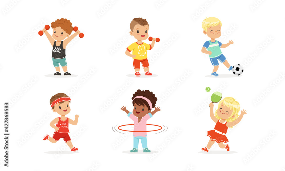 Cute Little Kids Doing Sports Set, Little Boys and Girls Exercising with Dumbbells, Playing Ball, Spinning Hula Hoop, Running Cartoon Vector Illustration Stock Vector | Adobe Stock Cute Little Kids Doing Sports Set, Little Boys and Girls Exercising with Dumbbells, Playing Ball, Spinning Hula Hoop, Running Cartoon Vector Illustration Stock Vector | Adobe Stock