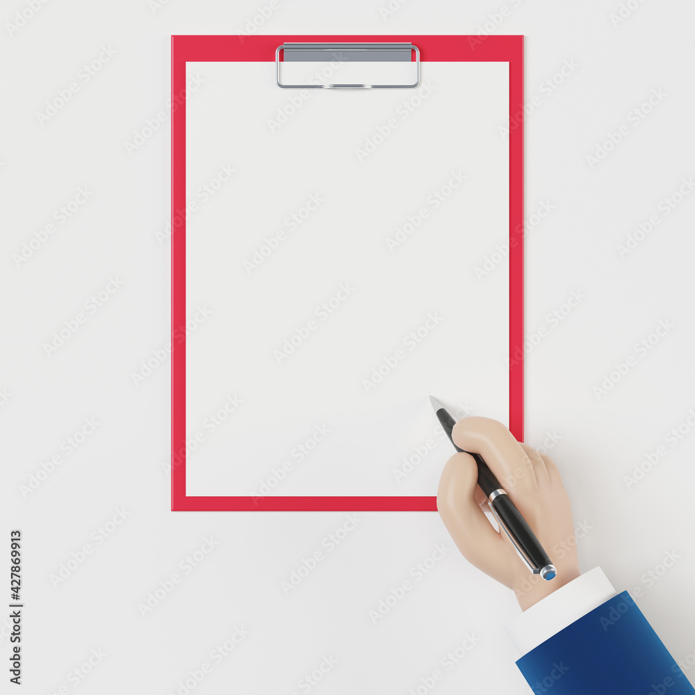 A man signs a document, an agreement. Signing a contract. Hand holding a pen. 3D illustration in cartoon style. A man signs a document, an agreement. Signing a contract. Hand holding a pen. 3D illustration in cartoon style.
