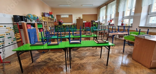Pusta sala lekcyjna w szkole podczas zdalnego nauczania, zamknięte szkoły z powodu covid-19, czasy pandemi