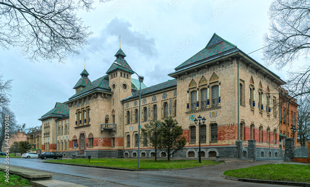 Poltava, Ukraine - April 14, 2021: Facade of the building of the Local History Museum in the city of Poltava, Ukraine. An old historical building of the  provincial assembly. Popular tourist landmark