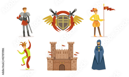 Medieval European Kingdom Set, Middle Ages or Fairy Tale Characters, Knight, Herald, Jester, Preacher Cartoon Vector Illustration © topvectors