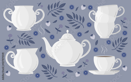 Classic tea set collection. Vector illustration of teapot, cups, sugar bowl, milk jug.