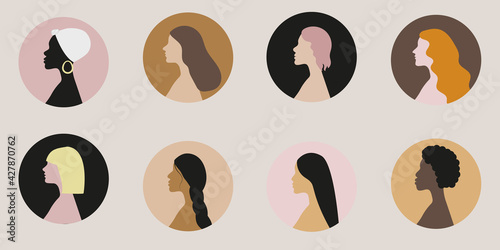 Different ethnicity women icons. Set of women silhouettes with different skin tones and hairstyles. Vector illustration of women profiles.