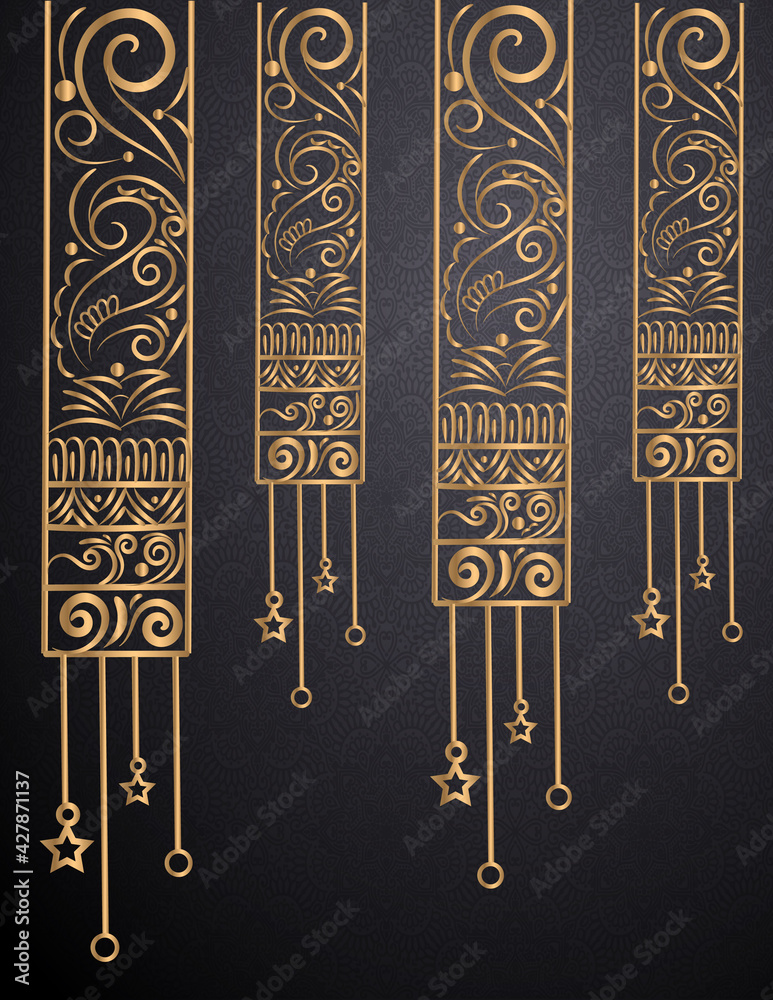 gold ornament on a black background. Golden ornamental on a dark background. Golden & black theme design for card, banner gold ornament on a black background. Golden ornamental on a dark background. Golden & black theme design for card, banner