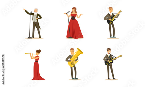 Set of Classical Musicians and Singers, People Playing Musical Instruments and Singing Cartoon Vector Illustration