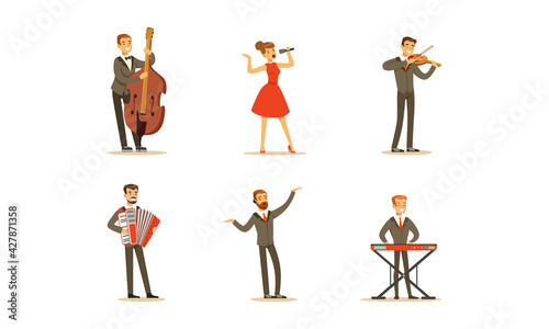 Set of Professional Classical Musicians and Singers, People Performing on Stage Cartoon Vector Illustration