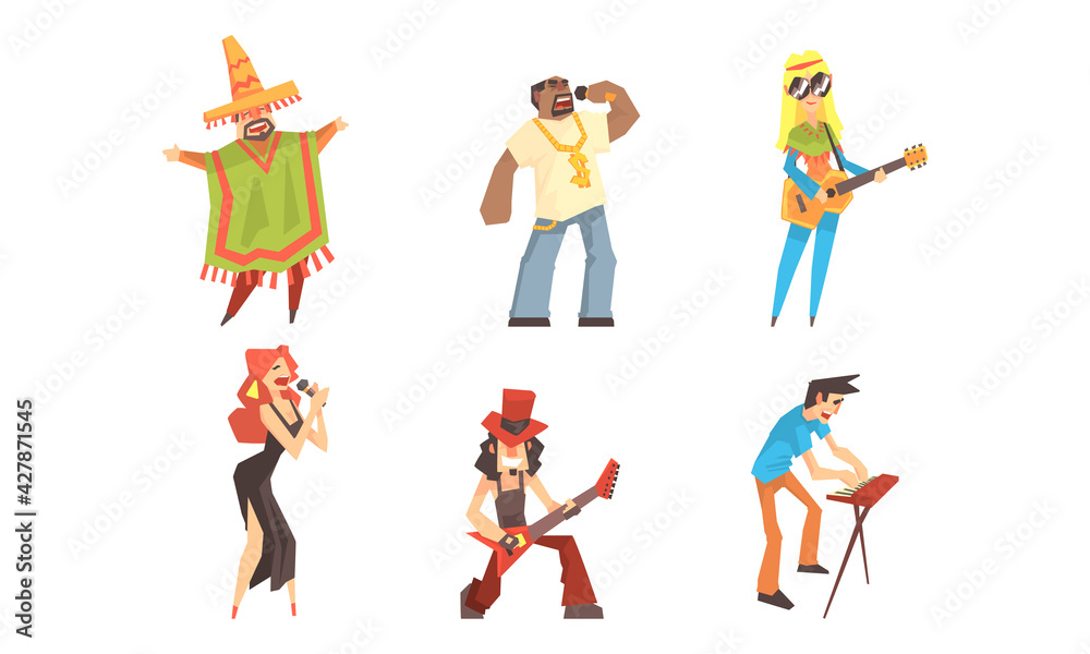 Set of People Playing Music and Singing in Different Genres, Ethnic Music Cartoon Vector Illustration