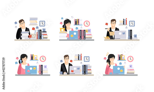 Modern Office Workplace with Employees Set, Male and Female Office Workers Daily Routine Cartoon Vector Illustration