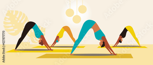 Yoga class, downward facing dog pose, flat vector stock illustration with young women doing yoga asanas with instructor © Vikkymir Store