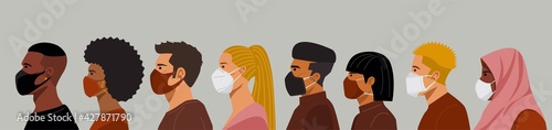 Group of people of different nationalities wearing protective masks. Vector