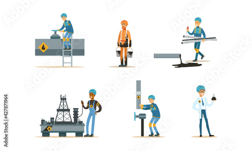 Set of People Working in Oil Industry, Industry Workers in Uniform Working at Pipeline, Oil and Gas Production Cartoon Vector Illustration
