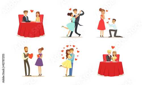 Happy Romantic Couples on Date Set  Young Men and Women Celebrating Holidays  Making Proposal  Dancing Together Cartoon Vector Illustration