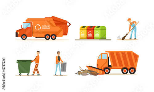 Garbage Collection Set, Orange Garbage Trucks and Scavengers Workers Cleaning Trash Cartoon Vector Illustration