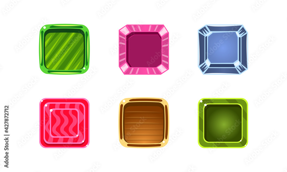 Set of Glossy Game Buttons, Colorful Square Frames, Gaming Interface Design Element Cartoon Vector Illustration Set of Glossy Game Buttons, Colorful Square Frames, Gaming Interface Design Element Cartoon Vector Illustration