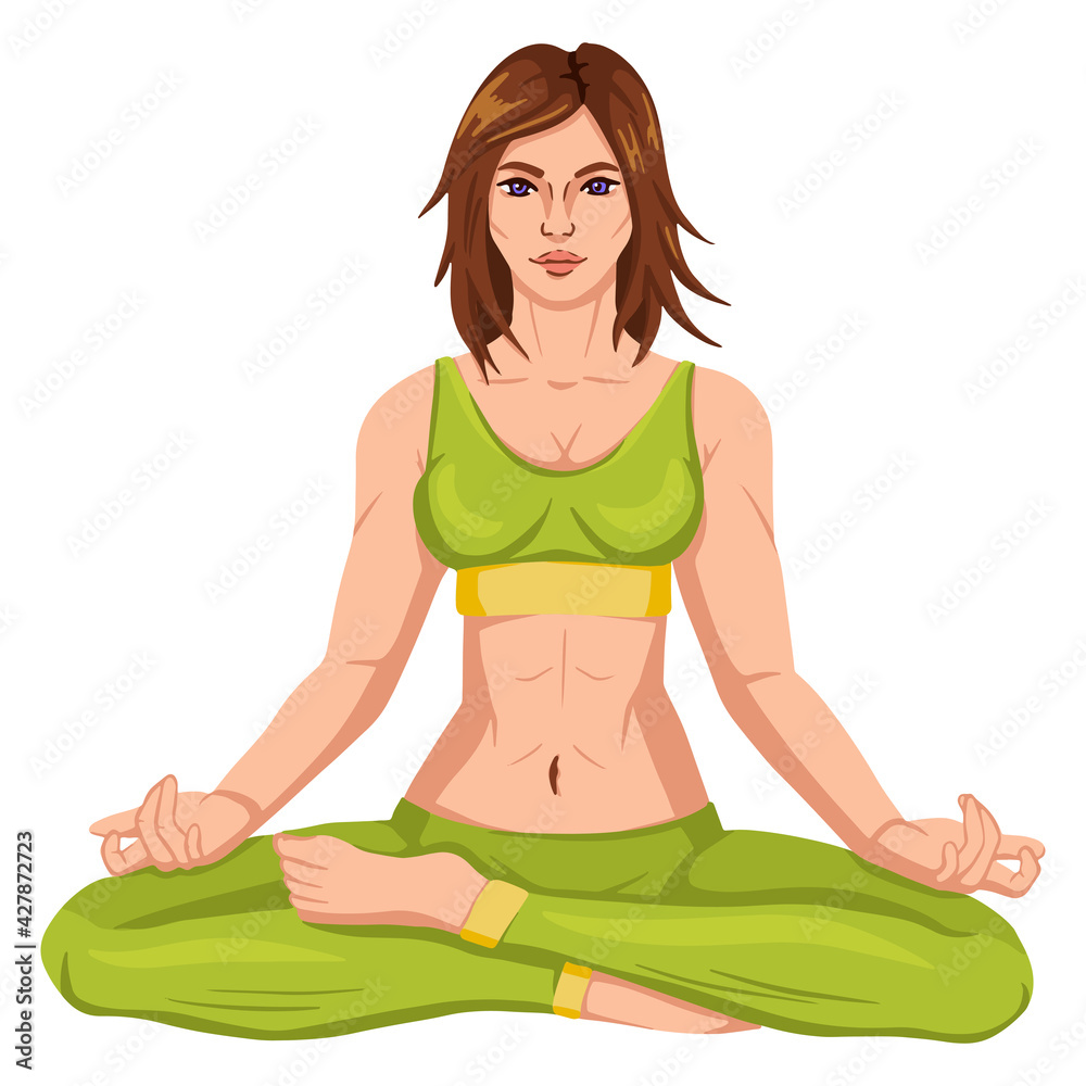 Woman practicing fitnes yoga gym gymnastics. Banner with illustration of woman doing yoga or pilates exercise on mat. woman doing exercise.
