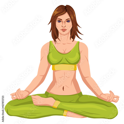 Woman practicing fitnes yoga gym gymnastics. Banner with illustration of woman doing yoga or pilates exercise on mat. woman doing exercise.