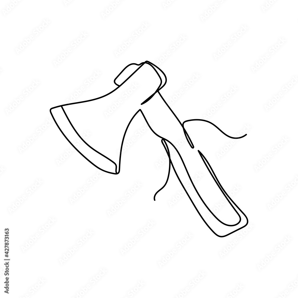 Continuous one line of axe in silhouette. Minimal style. Perfect for cards, party invitations, posters, stickers, clothing. Black abstract icon. Tool concept