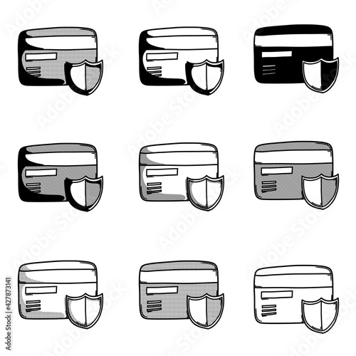 Credit Card with shield doodle vector icon. Drawing sketch illustration hand drawn line eps10