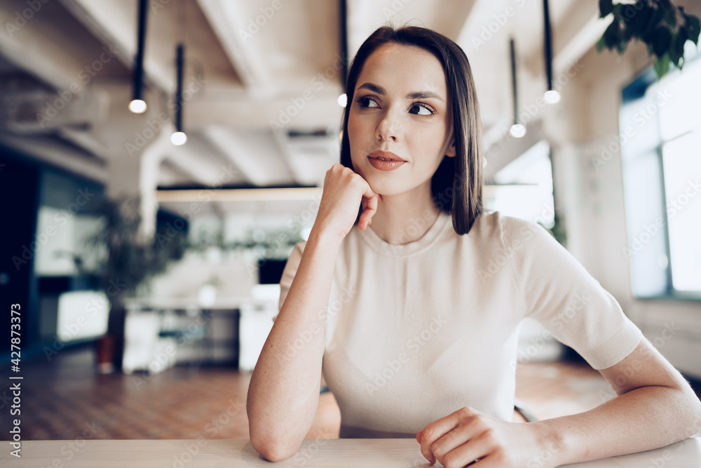 Young brunette woman sitting at the table in office Young brunette woman sitting at the table in office