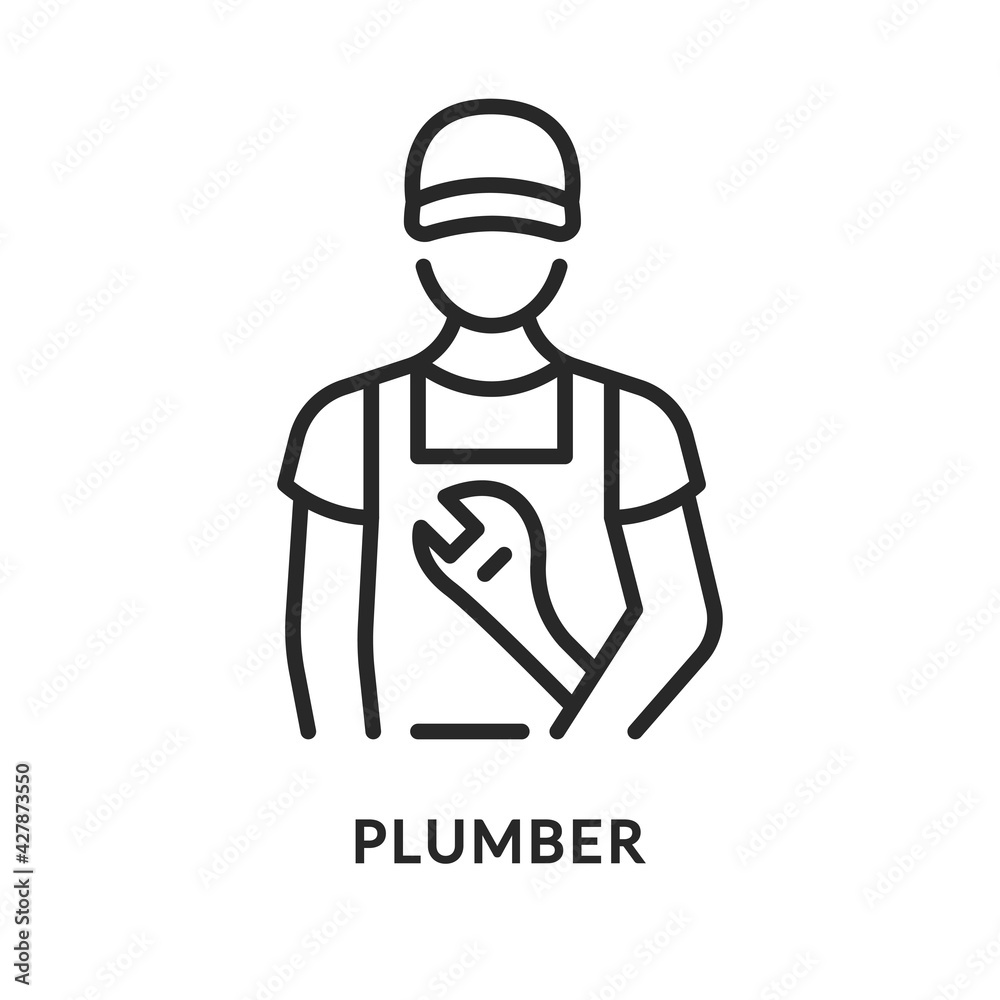 Plumber with adjustable wrench flat line icon. Vector illustration worker worker with a tool in overalls
