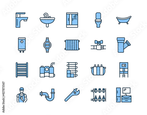 Plumbing flat line icon set blue color. Vector illustration water supply, sewerage, heating, engineering plumbing. Editable strokes