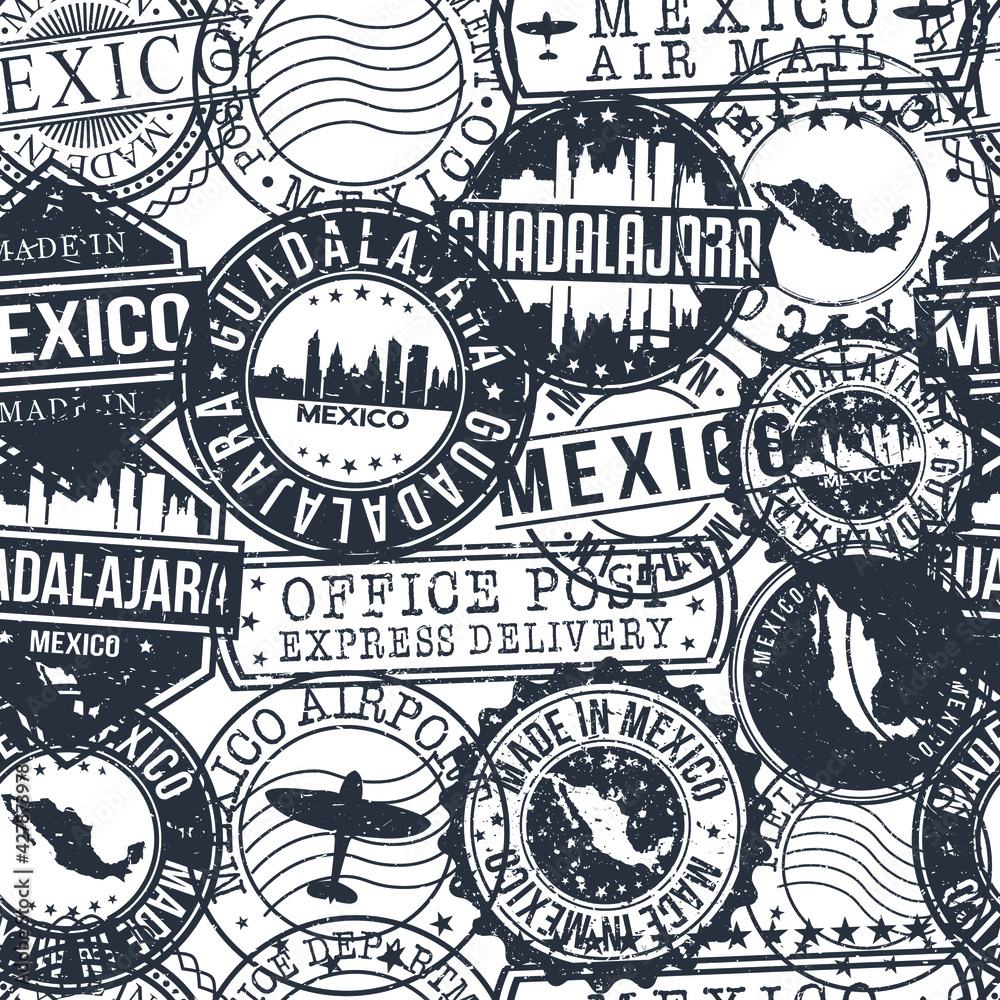 Guadalajara Mexico Stamps Background. City Stamp Vector Art. Postal Passport Travel. Design Set Pattern.