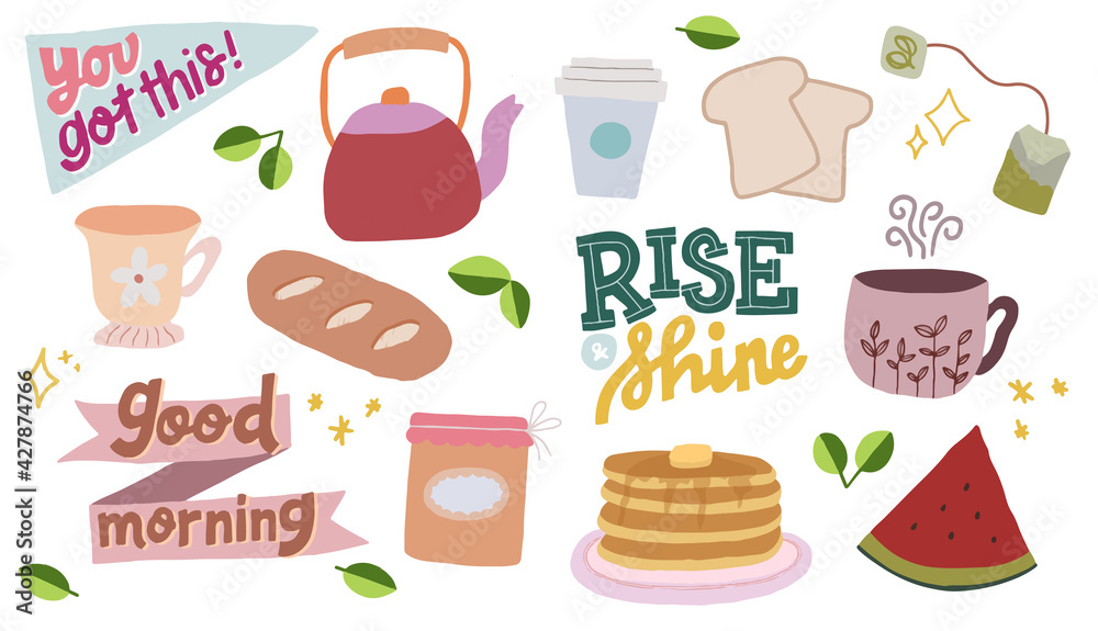 Hand-drawn Breakfast illustration, morning motivational phrases, isolated vector