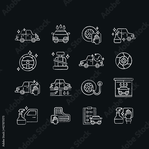 Cleaning vehicle chalk icons set. Car wash. Thin line customizable illustration. Contour symbol. Vector isolated outline drawing.