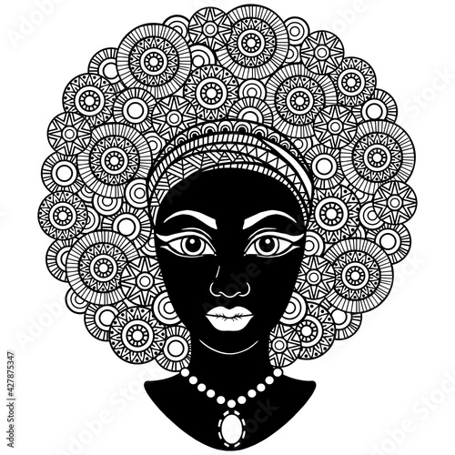 Black curly head african american woman in mandala style. Vector coloring page for adult in mandala style