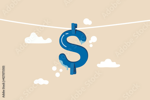 Money laundering and financial crime, cleaning dirty money process, tax cheating or illegal profit concept, US dollar sign hanging dry after laundry or wash metaphor of money laundering.