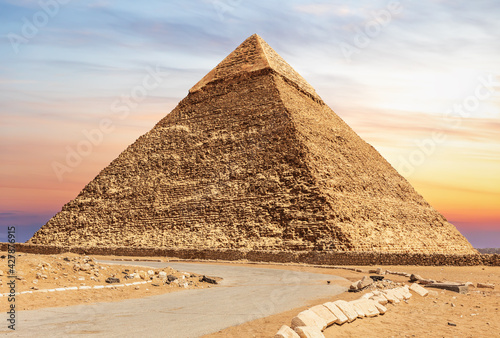 The Pyramid of Khafre or Chephren in the sunny desert of Egypt  Giza