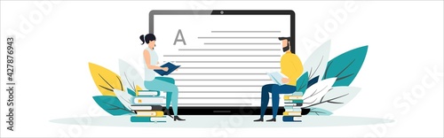 Online education vector illustration. Concept of online courses. e-learning. digital library. e-book. online exam. examination and testing in university. college. Flat illustration for UI, banner.