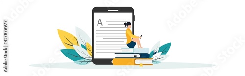 Online education vector illustration. Concept of online courses. e-learning. digital library. e-book. online exam. examination and testing in university. college. Flat illustration for UI, banner.