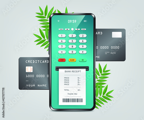 Credit card payment template through a smartphone application,Receipt paper flows from the card reader after the credit card is inserted into the slot,vector3D finacial concept design