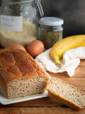 Gluten-free homemade banana bread with egg, banana, cinnamon and almond flour