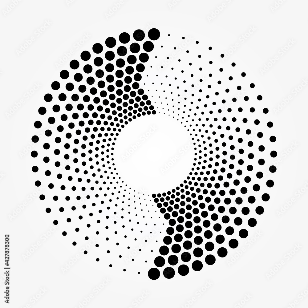 Abstract background design. Dotted round logo. Halftone swirl object. Halftone dots circle texture. Abstract circle pattern. Vector art illustration. Halftone design element.