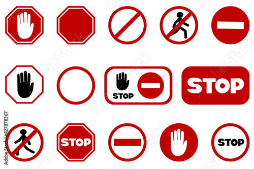 Stop signs set in red and white color, vector illustration