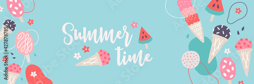 Summer banner. Food background design with ice cream, watermelon, flowers