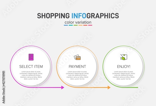 Concept of shopping process with 3 successive steps. Three colorful graphic elements. Timeline design for brochure, presentation, web site. Infographic design layout.