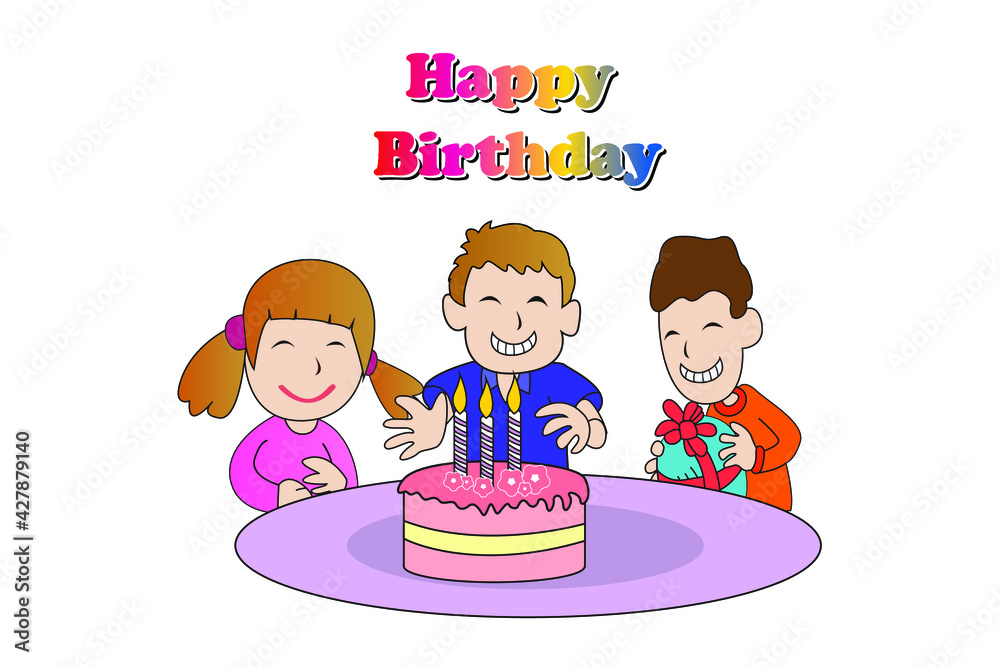 birthday cake with three children. kids celebrating a birthday party. Kids  Birthday Party Cartoon. Stock Vector | Adobe Stock