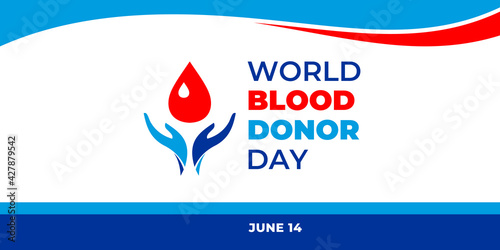 World Blood Donor Day. Vector web banner for social media, poster, card, flyer. Text World Blood Donor Day, June 14. The logo with the palms of the hands and a drop of blood on white background.