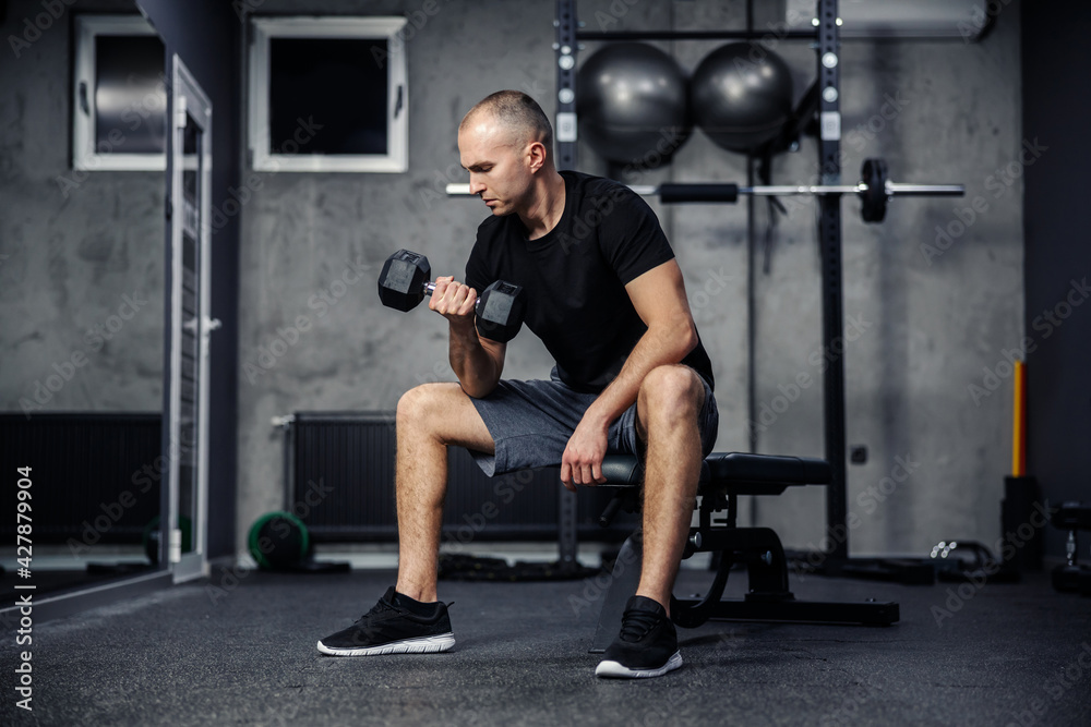 Pumping arm and shoulder muscles. A man in a black T-shirt lifts a dumbbell with one hand while sitting in the gym. Strengthening the triceps and biceps. Sports lifestyle and fitness challenge
