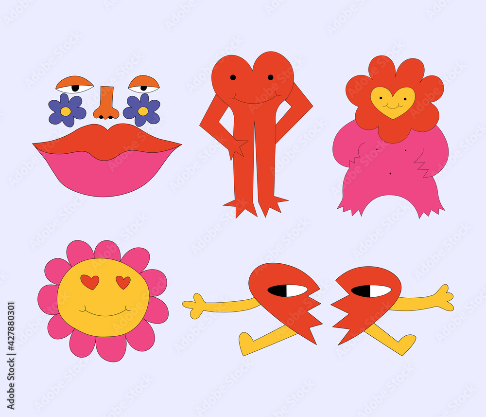 Obraz premium vector set of bizarre monsters characters.Romantic abstract valentine hippies.Funky groove stickers in the 60s and 70s style. Psychedelic strange animals.Freehand pink tattoo templates.crazy aliens