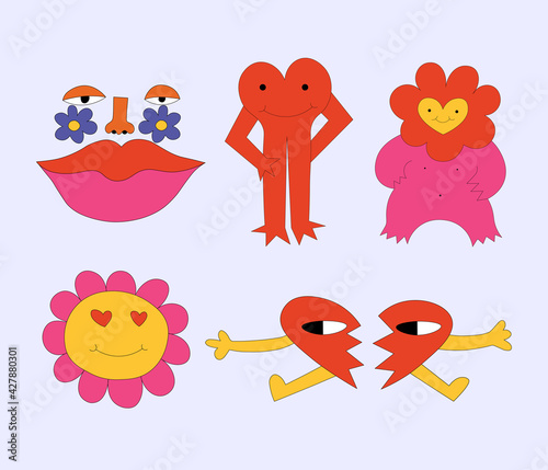 vector set of bizarre monsters characters.Romantic abstract valentine hippies.Funky groove stickers in the 60s and 70s style. Psychedelic strange animals.Freehand pink tattoo templates.crazy aliens